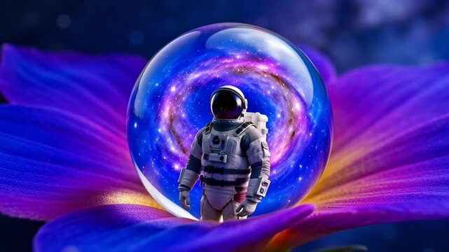 Macro slow focus pull on cosmic flower dewdrop reflecting astronaut suit and distant galaxy, vibrant fluid motion, high bitrate.