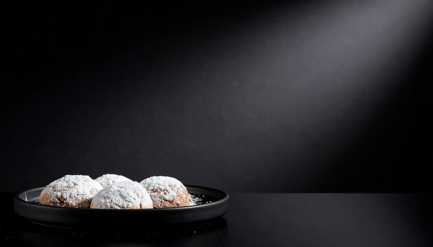 Small Plate of Traditional Maamoul Cookies with Powdered Sugar - Arabic Eid Dessert Background with Moody Spotlight and Copy Space
