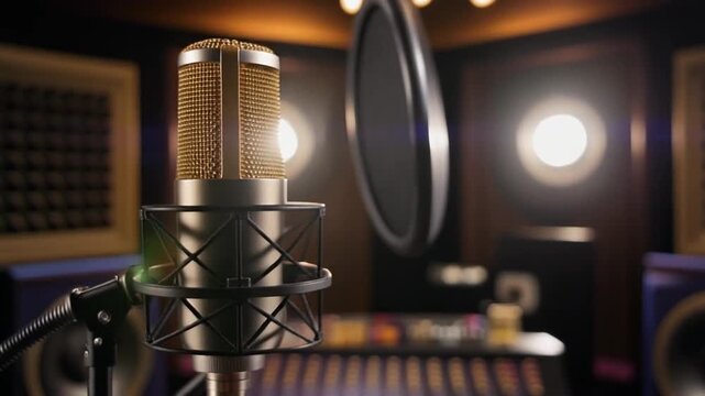 A professional recording studio microphone standing in front of sound equipment and acoustic panels, capturing high-quality audio