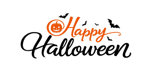 Happy Halloween typography logo featuring spooky pumpkin icon and flying bats © AFRAN STUDIO