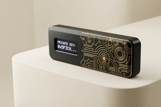 Hardware crypto wallet with gold circuit pattern and digital display showing private key