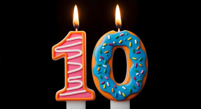 Birthday candles shaped like the number 10 with flames burning brightly on top against a dark background for a celebration