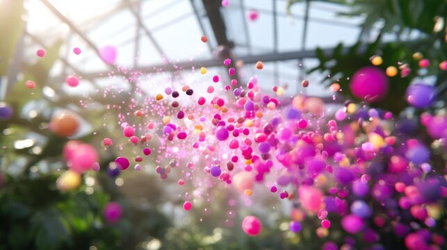 Glowing Floating Seeds in Digital Scatter Plot Design Inside Greenhouse