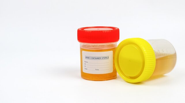 Sterile urine samples container on white background, medical diagnostic concept.