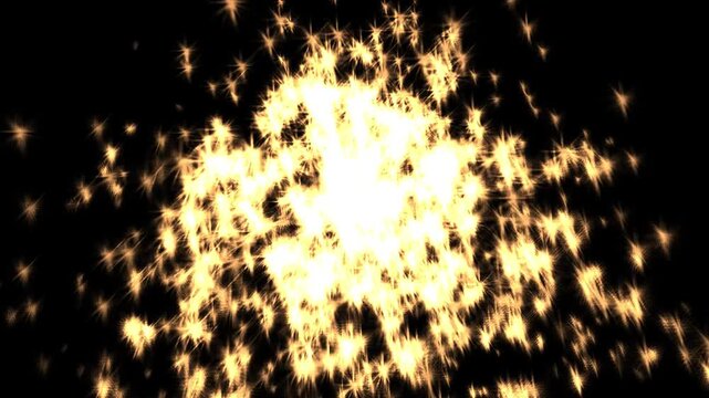 Bright explosion ignites center of dark void. Flames burst outward, sending radiant sparks skyward