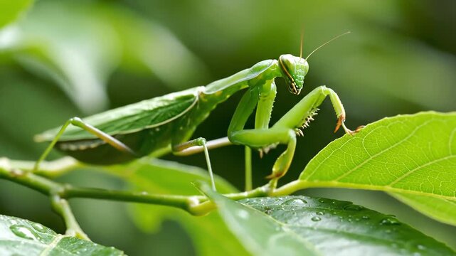 Closeup Macro Shot of a Green Praying Mantis on a Leafy Branch.