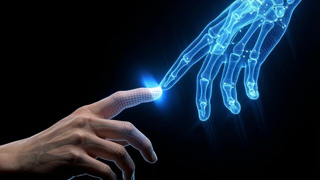 Human Hand Touching Holographic Plexus Hand Wireframe Wave Propagation AI Human Connection Cinematic 3D