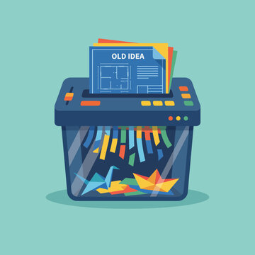 A colorful illustration depicting a paper shredder busy shredding outdated ideas, symbolizing innovation and the need for change in a compelling way.