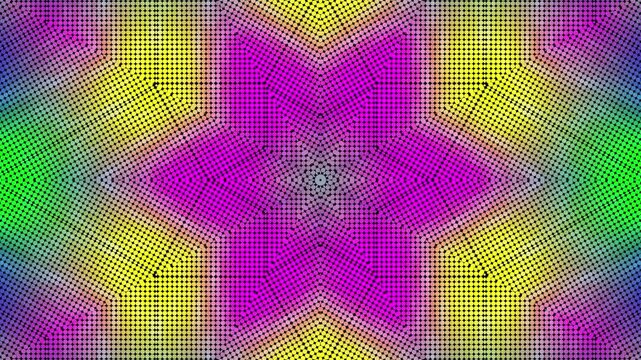 Vibrant grid patterns pulse with energy. Colors shift from green to purple, creating depth