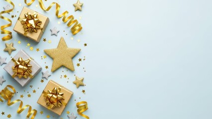 Naklejka premium Festive golden and silver gift boxes with sparkling stars and ribbons on a light blue background