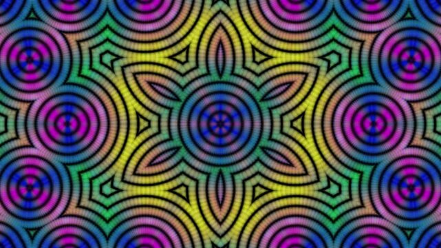 Vibrant patterns pulse with hypnotic rhythm. Colors swirl in a mesmerizing, kaleidoscopic dance