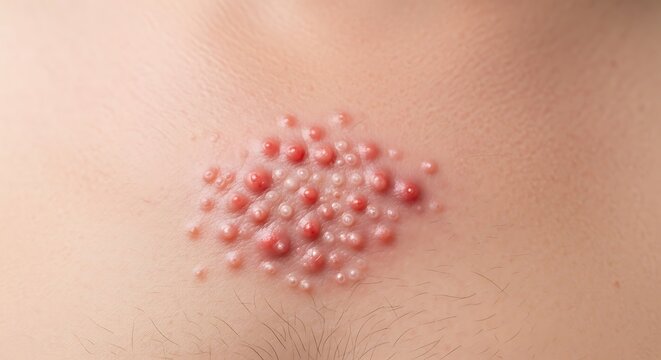 A close-up view of a cluster of small red inflamed papules and pustules on human skin surface