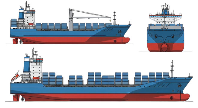 Container Ship Blueprint Style Illustration: Side, Front, and Rear Views of a Cargo Vessel with Blue Hull and Red Bottom, Stacked Containers, and Crane - Vector Art
