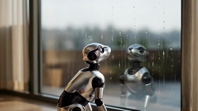 Sophisticated metallic robot pet sits patiently by a large window watching raindrops streak down the glass in soft, diffused daylight, creating a