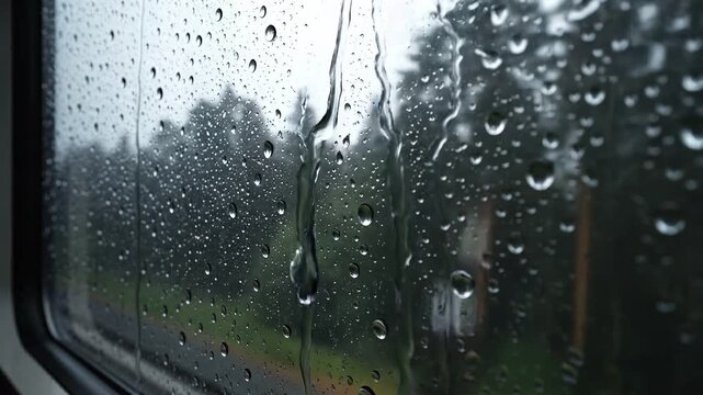 Close up of raindrops trickling down a glass window pane with a blurred dark green forest in the background during a heavy rainstorm creating a moody and melancholic atmosphere.