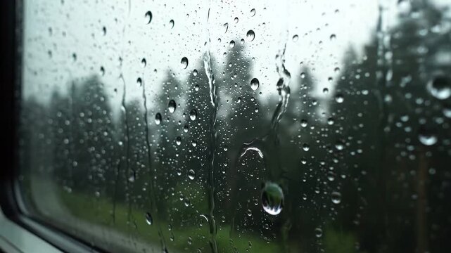 Raindrops slide down a glass window pane with a blurred green forest background during a gloomy storm.