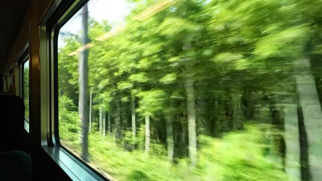 A view from inside a moving train looking out of the window at a bright green forest with a strong motion blur effect on a sunny day