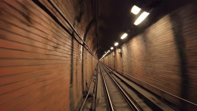 POV shot of a subway train moving through a dark brick tunnel with overhead lights and tracks vanishing into perspective.