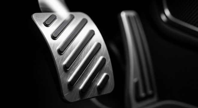 Close up of a brushed metal car accelerator pedal with textured grip.