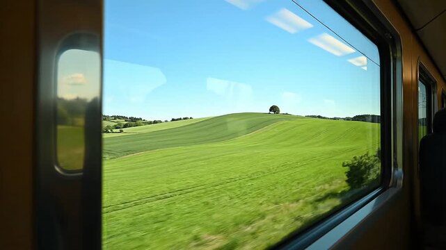 Scenic view of lush green rolling hills and meadows under a clear blue sky as seen through a moving train window during a sunny day trip.