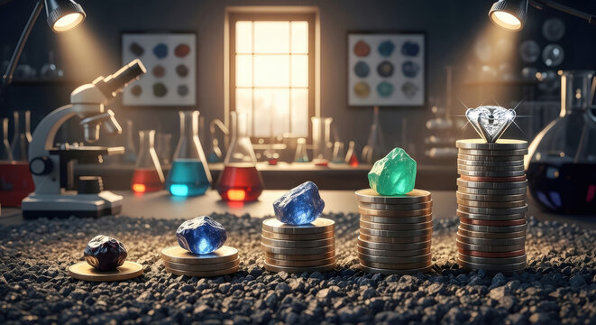 Laboratory Process of Synthetic Diamond Creation with Increasing Value on Coin Stacks in Science Research Lab