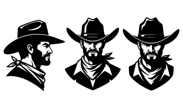 Three western cowboy silhouette portraits wild west avatar vector illustration isolated on white background