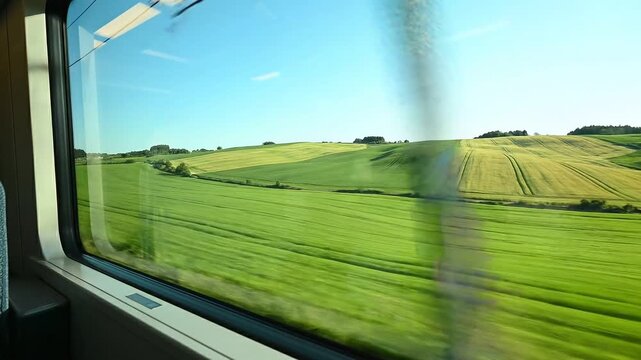 A scenic view from a train window capturing the lush green rolling hills and vibrant agricultural fields of the countryside during a sunny day trip.