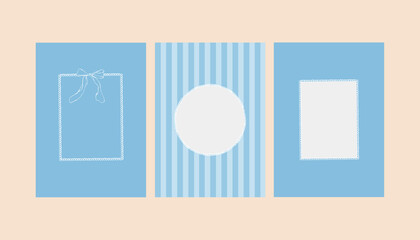 A set of whimsical blue postcard templates with hand-drawn frames. Invitations and posters feature vintage ribbons, bows, pearls, and stripes. Templates for wedding invitations, greeting cards, or © Anastasiia