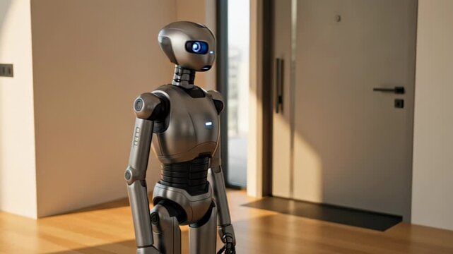 Elegant brushed metal robot pet standing alert by a modern front door entrance, soft morning light illuminates the clean entryway, anticipation of arrival.