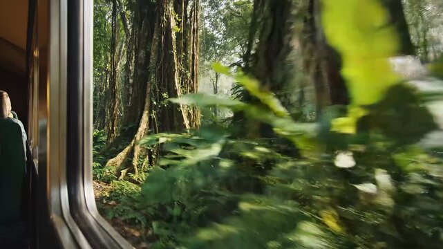 A scenic view from a train window looking out onto a lush tropical rainforest filled with dense green foliage and vibrant orange heliconia flowers.