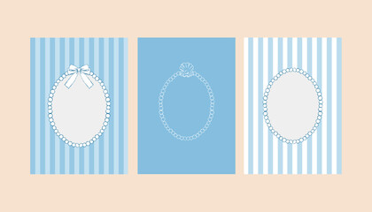 A set of whimsical blue postcard templates with hand-drawn frames. Invitations and posters feature vintage ribbons, bows, pearls, and stripes. Templates for wedding invitations, greeting cards, or © Anastasiia