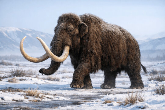 Ultra Realistic Woolly Mammoth Walking in Frozen Ice Age Tundra &ndash; Mammuthus primigenius Prehistoric Animal Reconstruction AI Generated