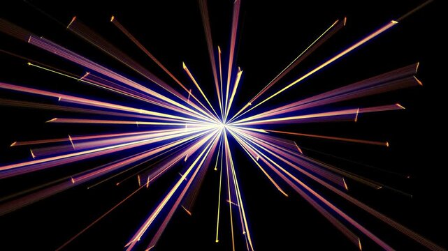 Blazing light explodes outward from central point. Purple and gold streaks burst across deep black background