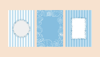 A set of whimsical blue card templates featuring hand-drawn seashells and frames. Invitations and posters with nautical stripes. Templates for wedding invitations, greeting cards, or holiday designs © Anastasiia