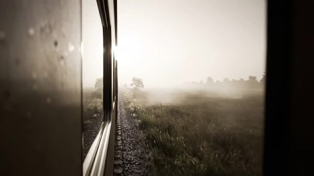 Cinematic view from a passenger train window looking out at a foggy landscape with a solitary tree and railway tracks during a hazy sunrise or sunset.