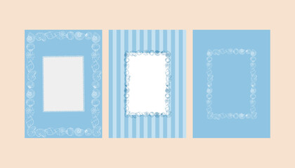 A set of whimsical blue card templates featuring hand-drawn seashells and frames. Invitations and posters with nautical stripes. Templates for wedding invitations, greeting cards, or holiday designs © Anastasiia