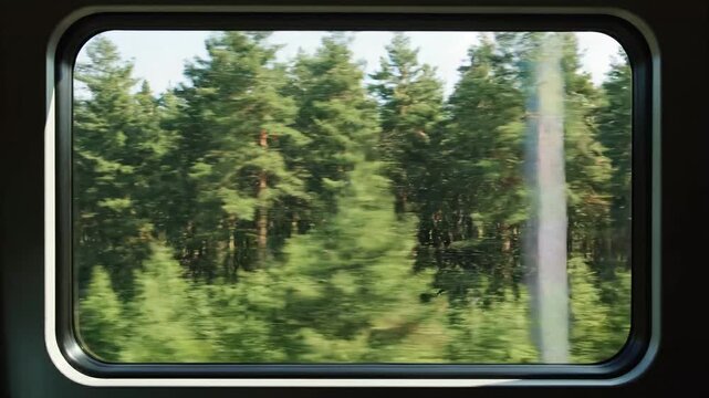 View from a train window of a dense evergreen forest with tall pine trees passing by during a scenic journey through the countryside.