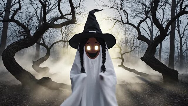 A person in a white ghost sheet and black witch hat with glowing eyes standing in a spooky foggy forest with bare trees