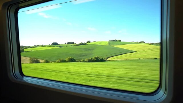 Scenic view of rolling green hills and lush farmland seen through a moving train window under a clear blue sky in the countryside.