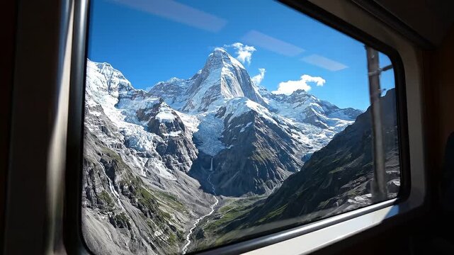Cinematic view of majestic snow-capped mountains and alpine glaciers seen through a moving train window under a clear blue sky during a scenic railway journey.