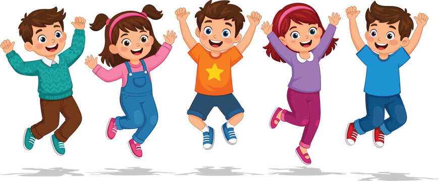 Group of happy cartoon children jumping for joy, diverse kids celebrating together with arms raised, childhood friendship vector illustration, isolated.