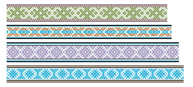 Set of four Lithuanian traditional sashes decorated with national folk ornaments. Geometric Baltic patterns arranged in rhythmic horizontal bands. Flat vector illustration