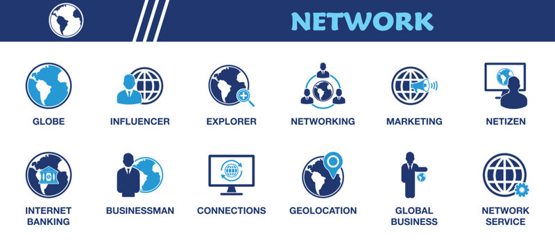 Network and Global Communication Icon Set. Collection of Globe, Influencer, Netizen, Explorer, Networking, Internet Banking, Connections, Geolocation, Global Business, Network Service and More Icons. 