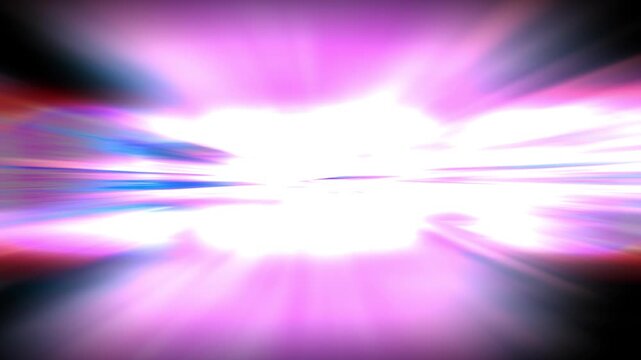 Radiant light bursts outward in vivid hues of purple and blue. Motion streaks blur into a dazzling focal point