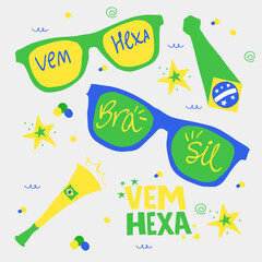 Lettering “Vem Hexa” com Elementos de Torcida Brasileira – Ilustração de Futebol em Vetor © Paula Franciani