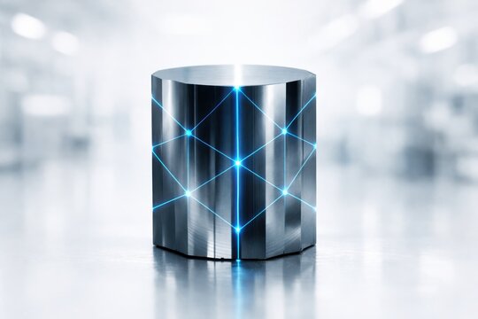 High purity silicon ingot with crystal lattice visualization in advanced semiconductor laboratory representing microelectronics manufacturing and materials science