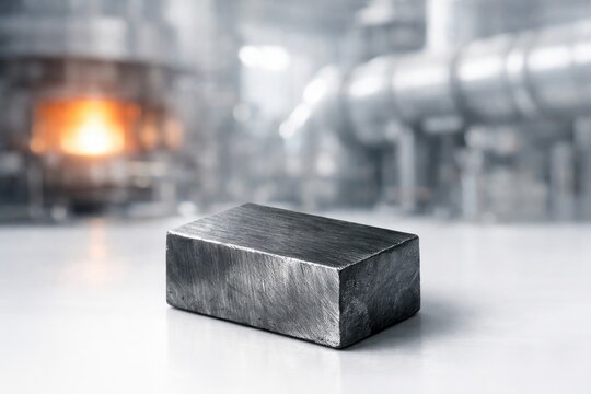 High purity hafnium metal ingot in advanced metallurgical laboratory with industrial furnace background representing refractory metals used in nuclear and aerospace engineering