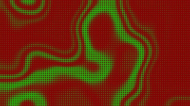 Vibrant green waves pulse across red pixelated background. Abstract motion flows like liquid ink through digital grid