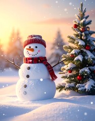 Obraz premium Snowman with knit hat & scarf stands near adorned fir tree, snowy field, golden sunset