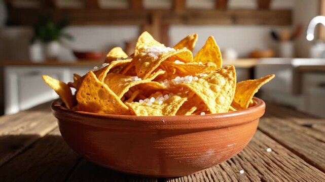 A bowl of nachos on a rustic wooden table in a kitchen with blurred background